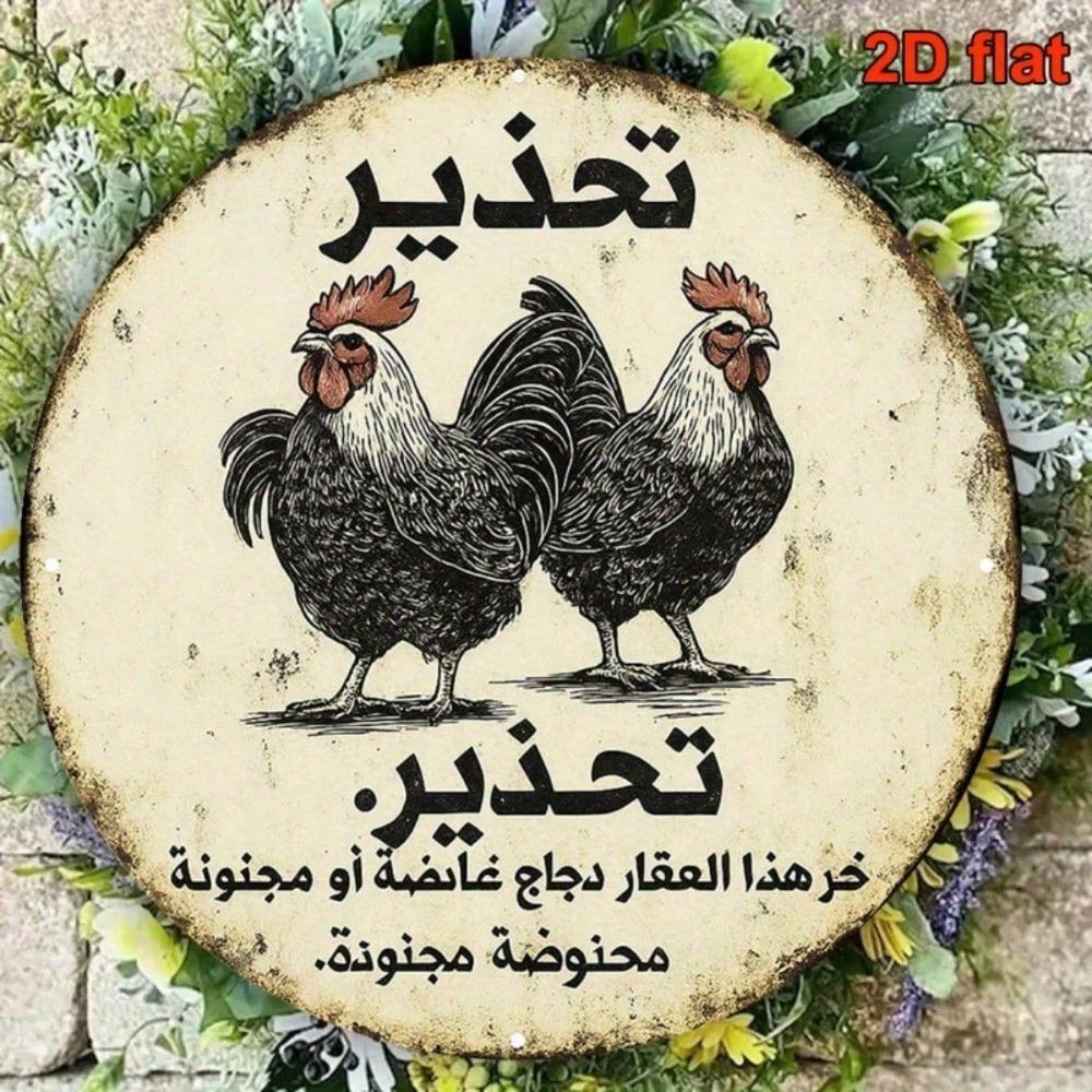 Vintage Arabic Calligraphy Rooster Metal Wall Art Rustic Farmhouse Round Sign Home Decor 8x8 Inch