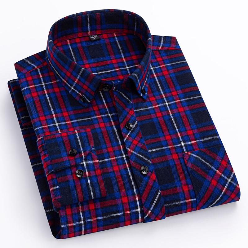 Men's Plus Size Pure Cotton Brushed Plaid Long Sleeve Shirt - Business Casual & Breathable