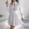 2025 Women Dress High Collar Hollow Out Long Sleeve Tight High Waist A-line Loose Hem Solid Color Commute Party Mini Dress