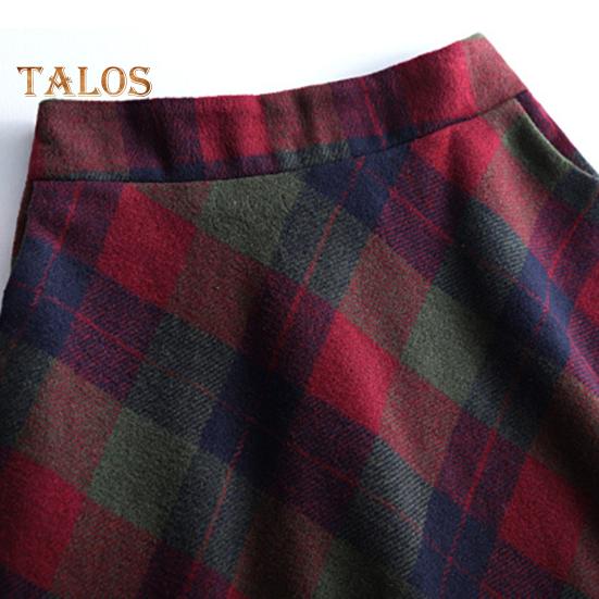 Damen Wollrock mit hoher Taille und Karomuster, A-Linien-Rock, Herbst/Winter, verdickter Rock mit großem Saum, für den Alltag