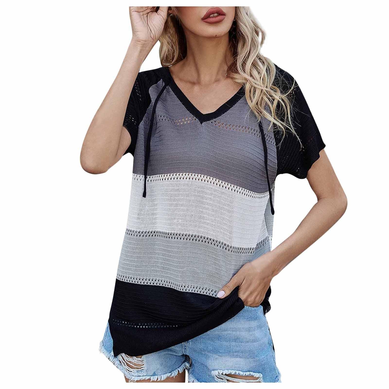 

Женский повседневный модный и удобный пуловер с капюшоном и короткими рукавами, топ, разноцветный полосатый вязаный свитер L чёрный