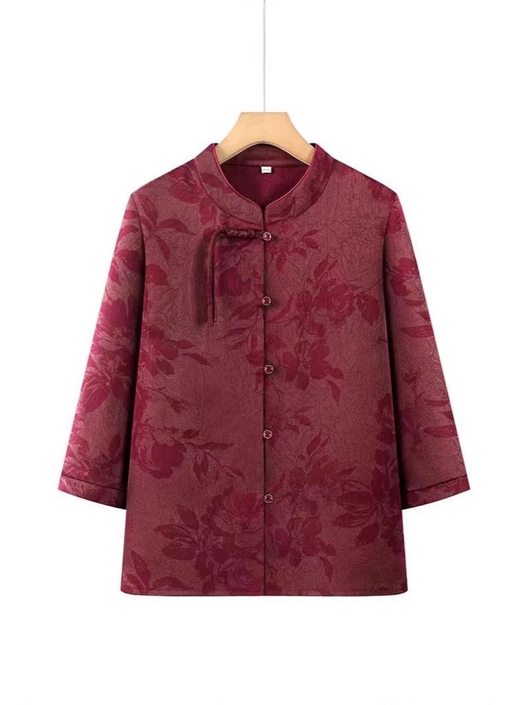 Fat Mom Spring/Summer Chinese-Style Noble Shirt: Loose Mid-Sleeve Top for Middle-Aged & Elderly Women
