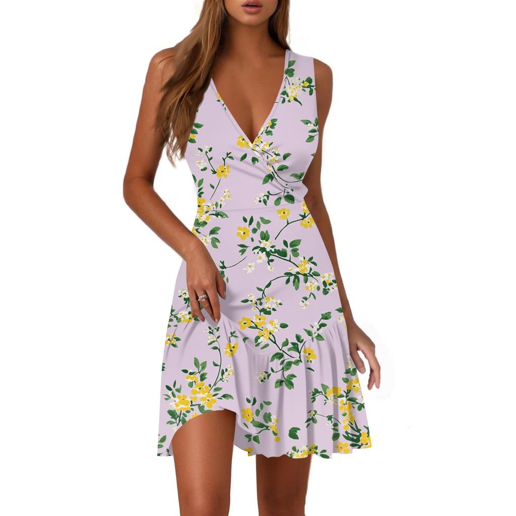 Ladies Casual Fashion V-Neck Sleeveless  Print Dress