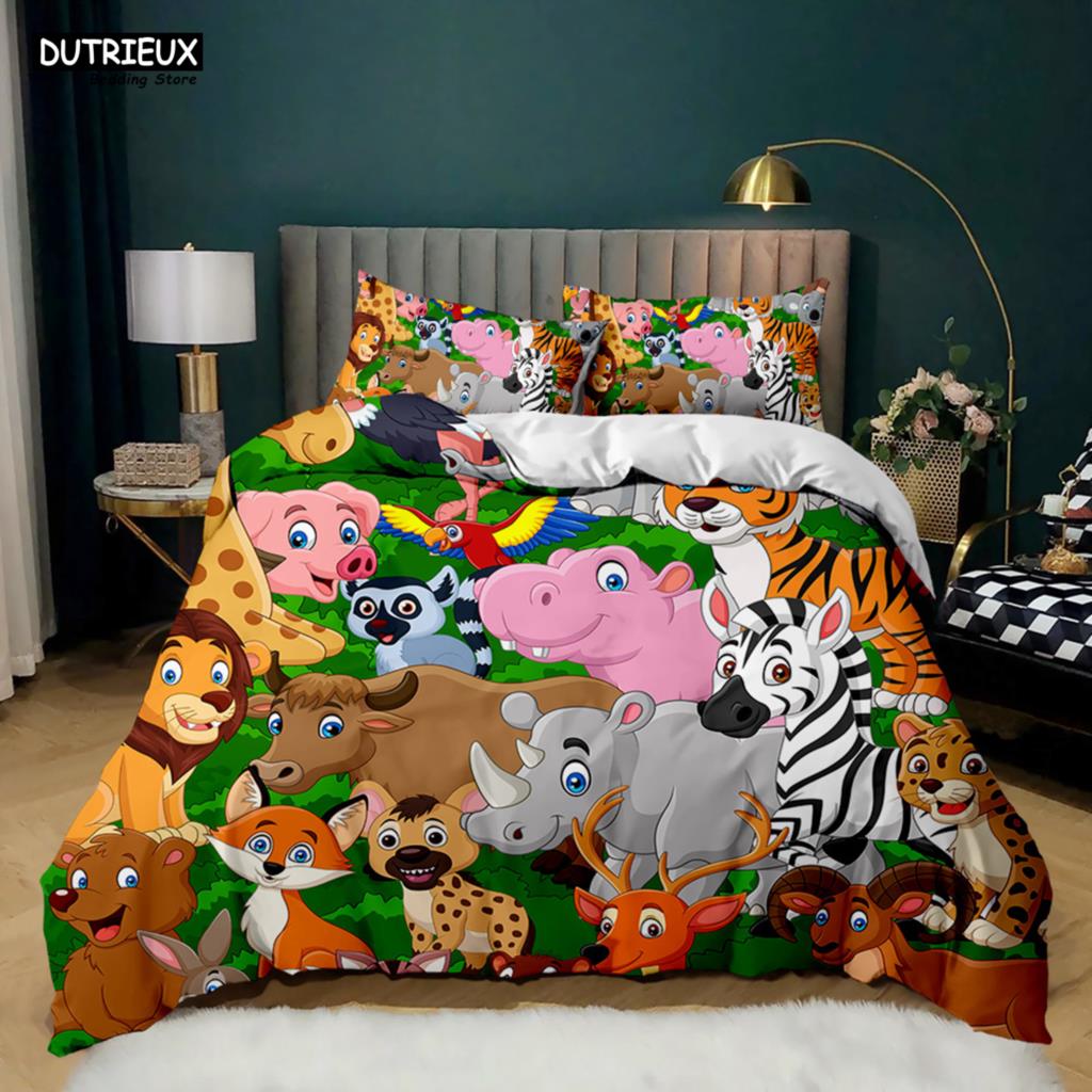 Elephant Comforter Cover Cute Cartoon Animal Paradise Bedding Set Boys Girls Kids 3D Animal World Queen Polyester Duvet Cover