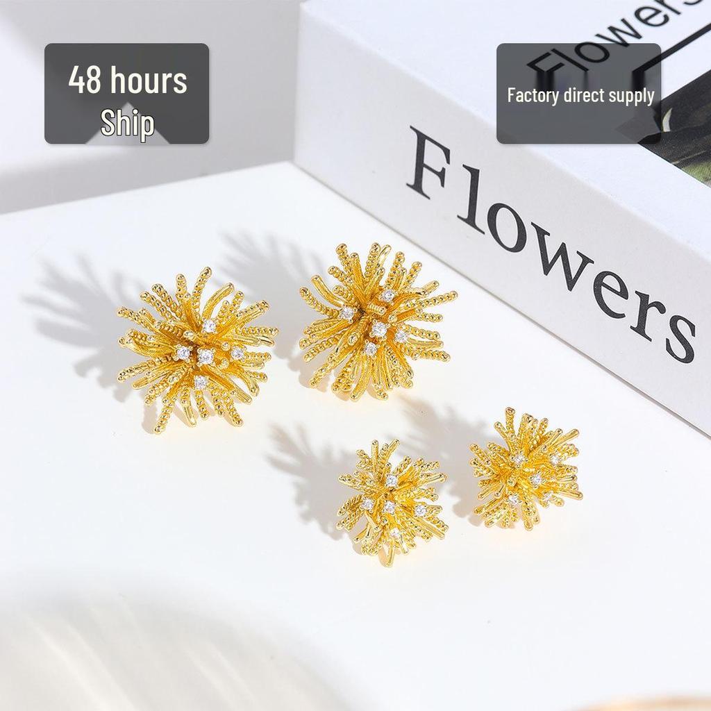 Gold Plated Dandelion Fireworks Metal Stud Earrings - Elegant, Lightweight, Simple Design for Women.