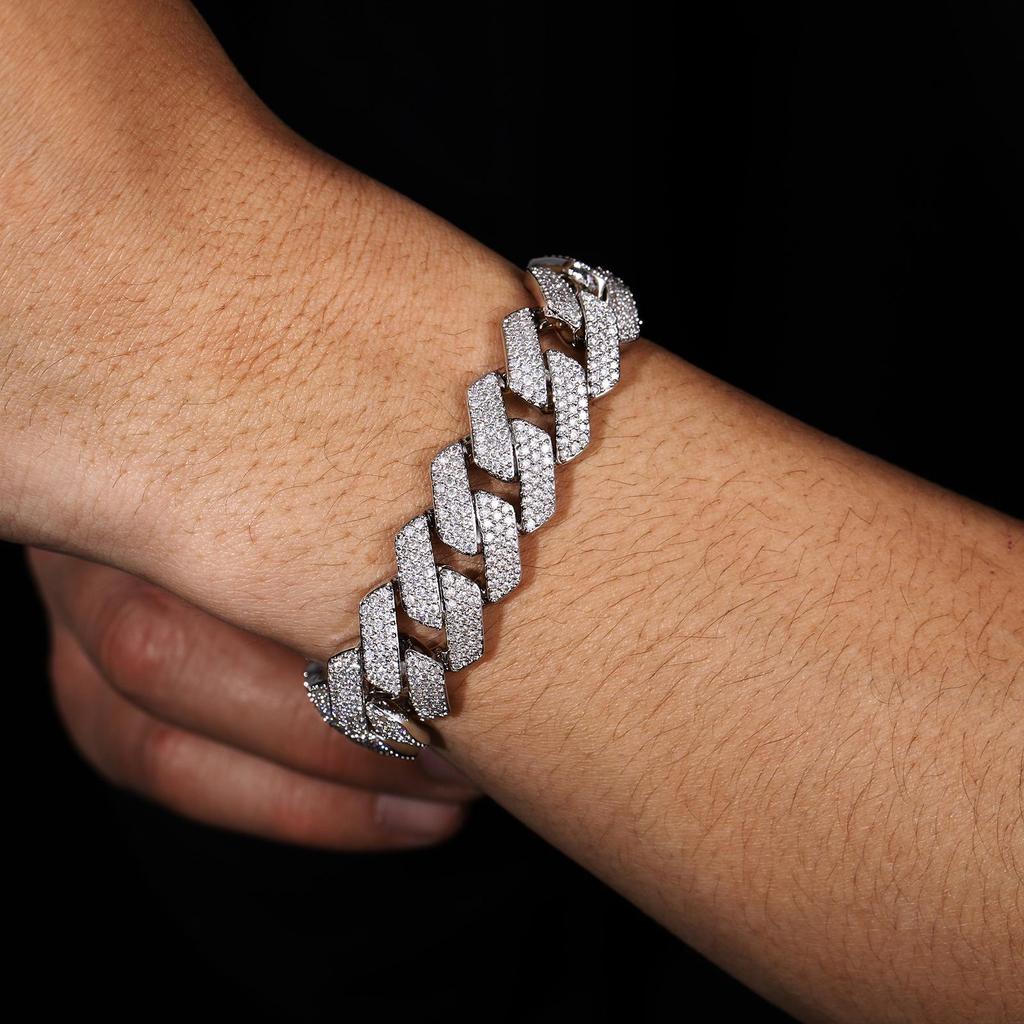 16mm 3-Row Rhombus Cuban Chain Bracelet with Inlaid Moissanite - Luxury Hip Hop Style for Men