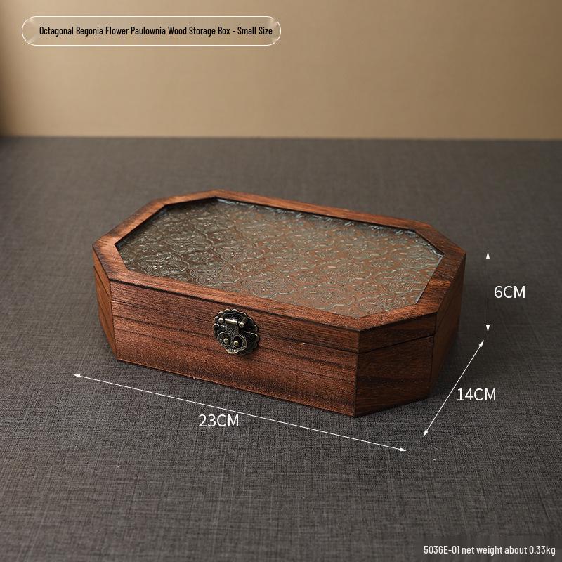 Retro Begonia Glass Lid Wooden Storage Box for Cosmetics, Snacks, Candy, and Documents - Dustproof and Multifunctional