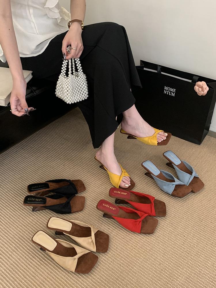 Suede Women's Square Toe Vocation Mules French Style Sandals New Summer Slippers Soft Frosted Open Toe Shoes Zapatos De Mujer