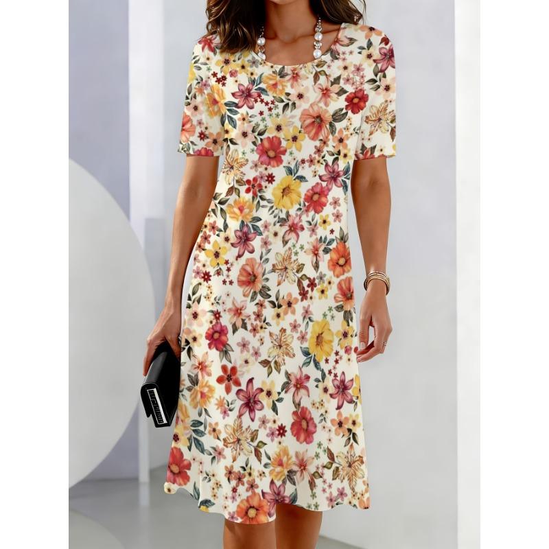 Floral Print Short Sleeve Midi Dress | Women Summer Casual Round Neck A Line Shift Dress With Pockets Plus Size Fashion Dress