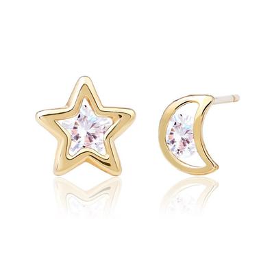14K Gold Mini Stern Mond Zirkonia Tägliche Ohrringe