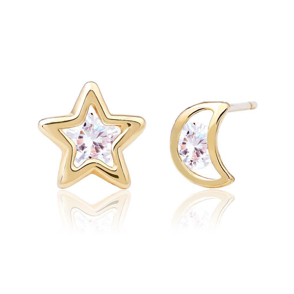 14K Gold Mini Star Moon Cubic Daily Earrings