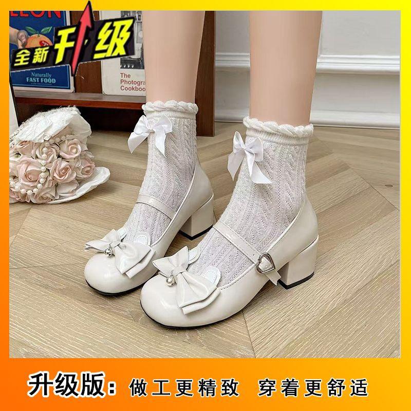 Round head bow small leather shoes high heels Lolita shoes 2025 spring new Mary Jane Lolita women's shoes