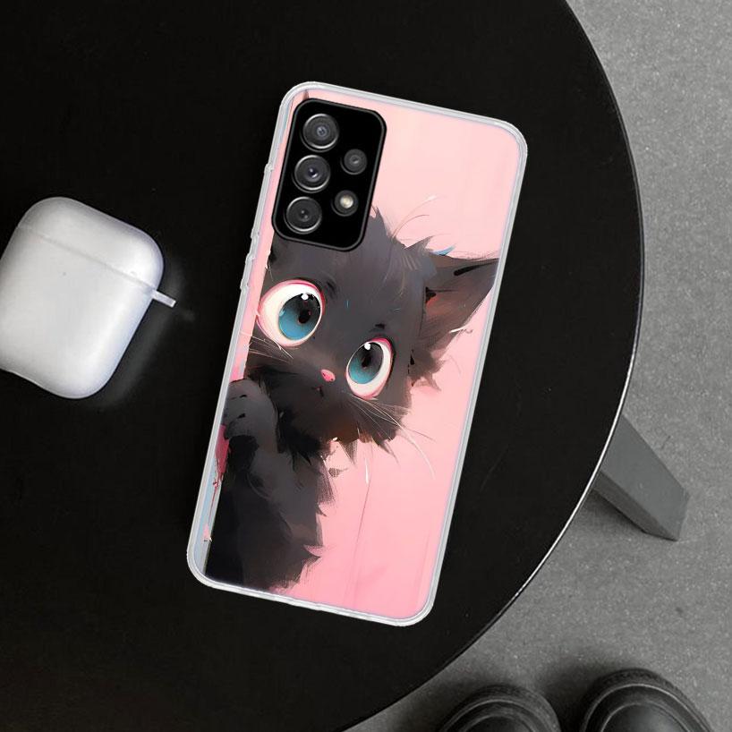 Anime Cute Black Cat Meow Phone Case for Samsung Galaxy A17 A16 A26 A36 A56 A57 A37 A15 A25 A35 A55 A14 A24 A34 A54 A13 A23 A33