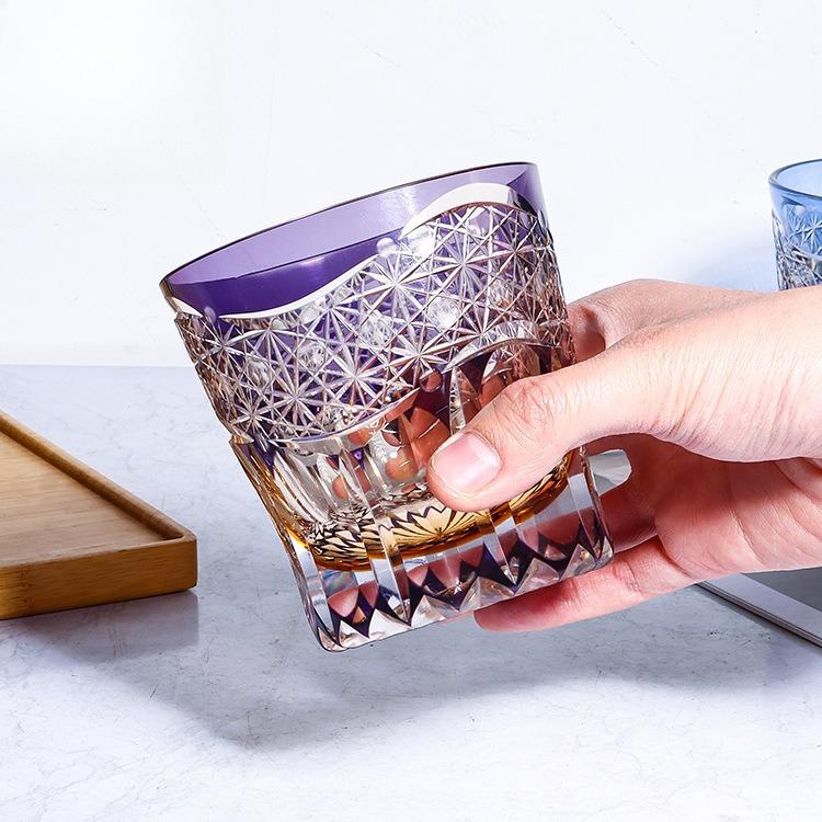 Japanese Edo Kiriko Crystal Glass Hand Carved Whiskey Cup Purple Fluorite Dawn Light Luxury