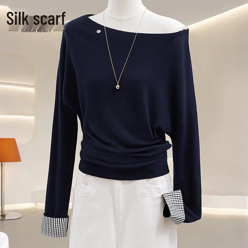 

Women s Fashion Oblique Collar Wool Blend Knit Top One Size