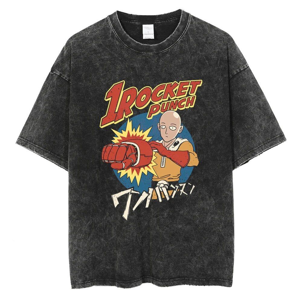 ONE PunchMan Manga Tshirt Saitama Graphic Print T Shirt Vintage Washed Oversized Cotton Tshirt Short Sleeve Tee Mens Clothing