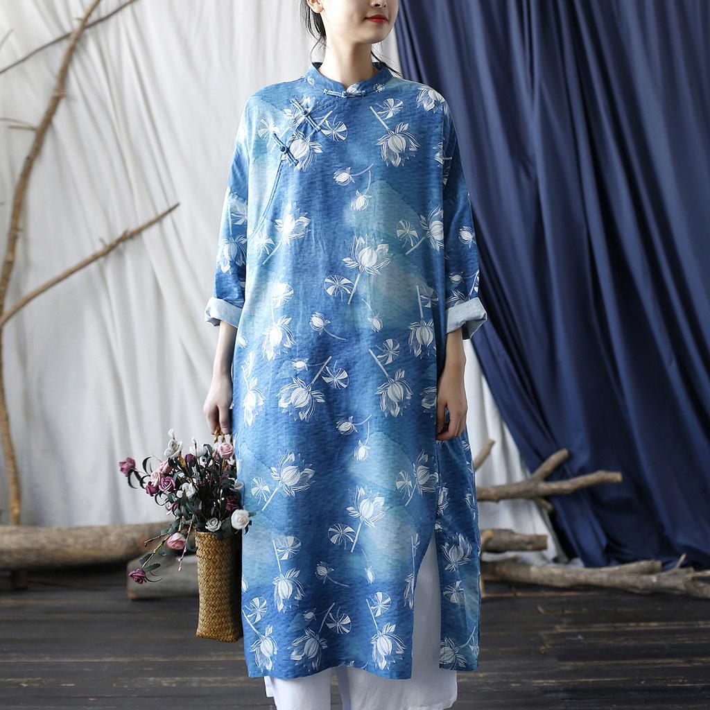 Johnature Women Vintage Dress Stand Bat Sleeve Print Floral Blue Autumn Chinese Stye Loose Dresses