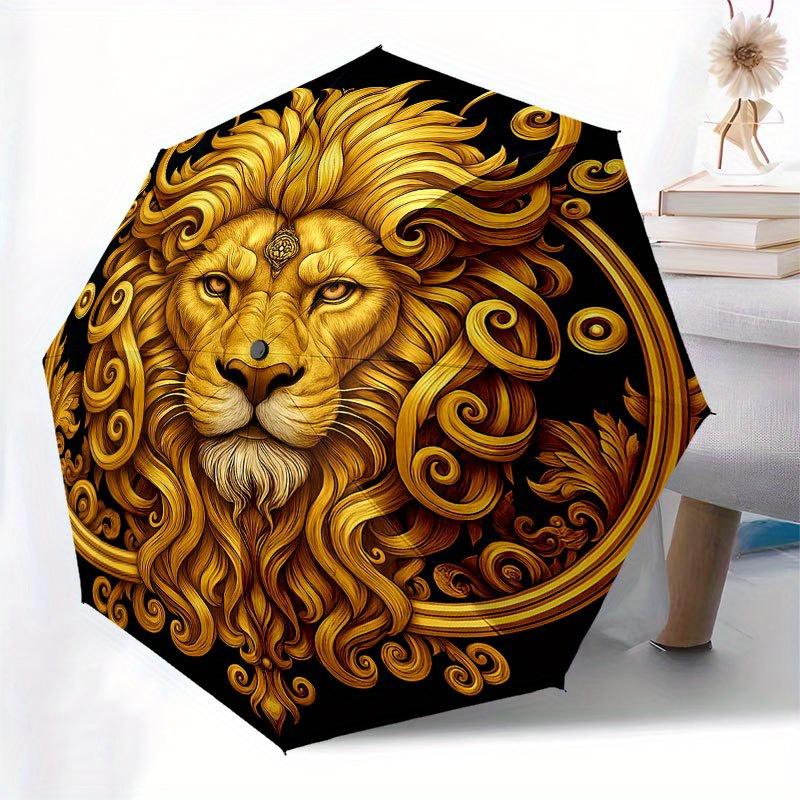 Golden Lion Head Ornament, Luxury Decorative Emblem Umbrella, Cute Umbrella with Cute Design, Portable 3-Fold Compact Umbrella for Men & Women, Valent