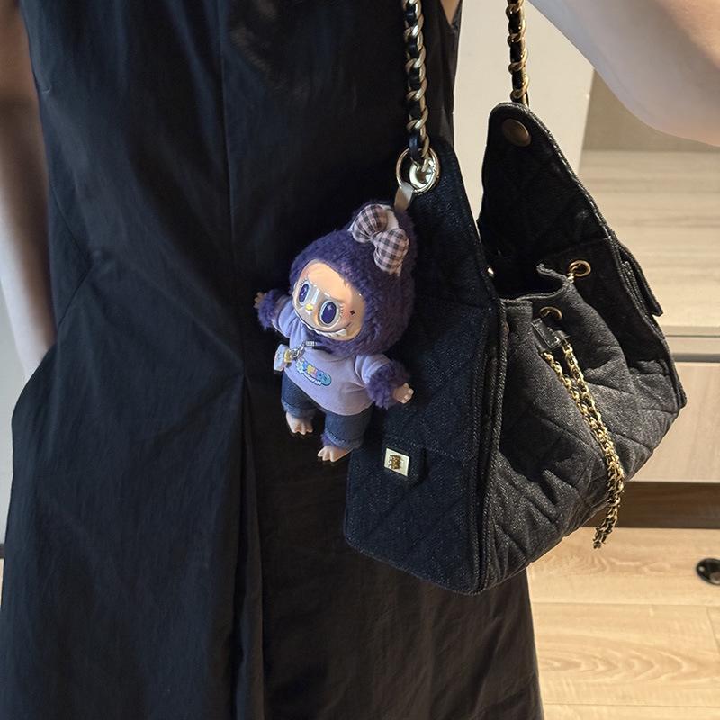 2025 Nová vůně Džínová taška Hobo s stahovací šňůrkou pod paži Vintage neformální Diamantový kostkovaný řetízkový ruční taška Taška přes rameno