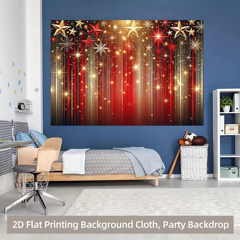 2D Flat Red Gold Streamer & Star Backdrop, Shiny New Year Party Photo Background Cloth