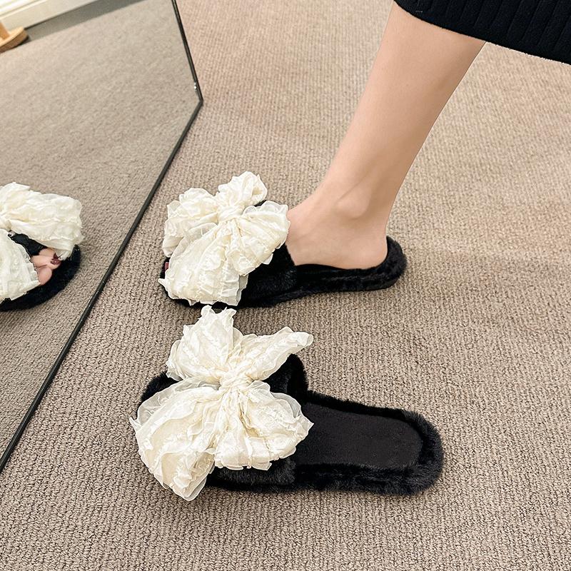 Fashion Bow Plush Slippers Winter Fashion Round Toe Open Toe Soft Sole Non-slip Wear-resistant Flats