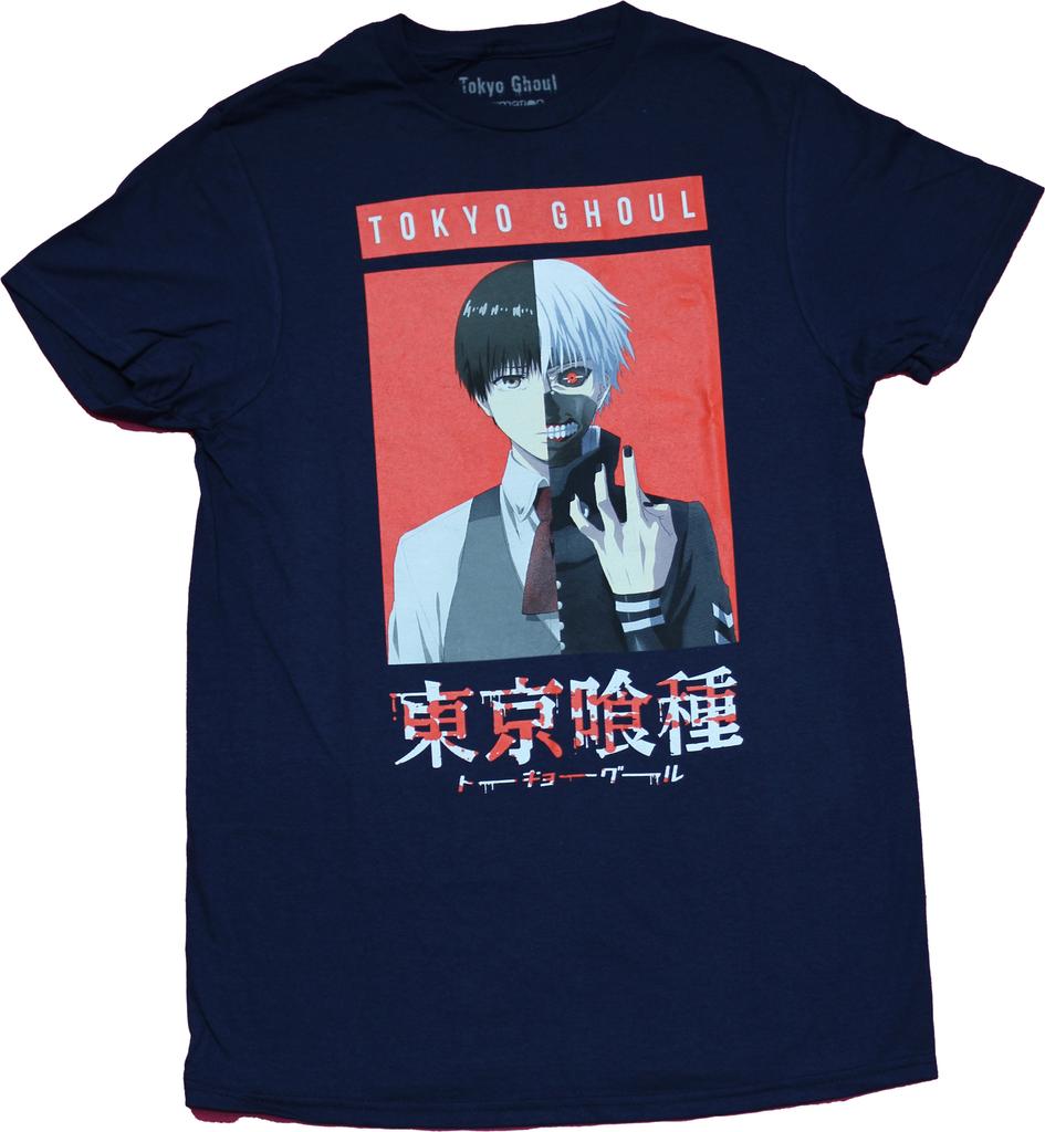 Tokyo Ghoul New Adult T-Shirt - Split Face Over Kanji Re dBox