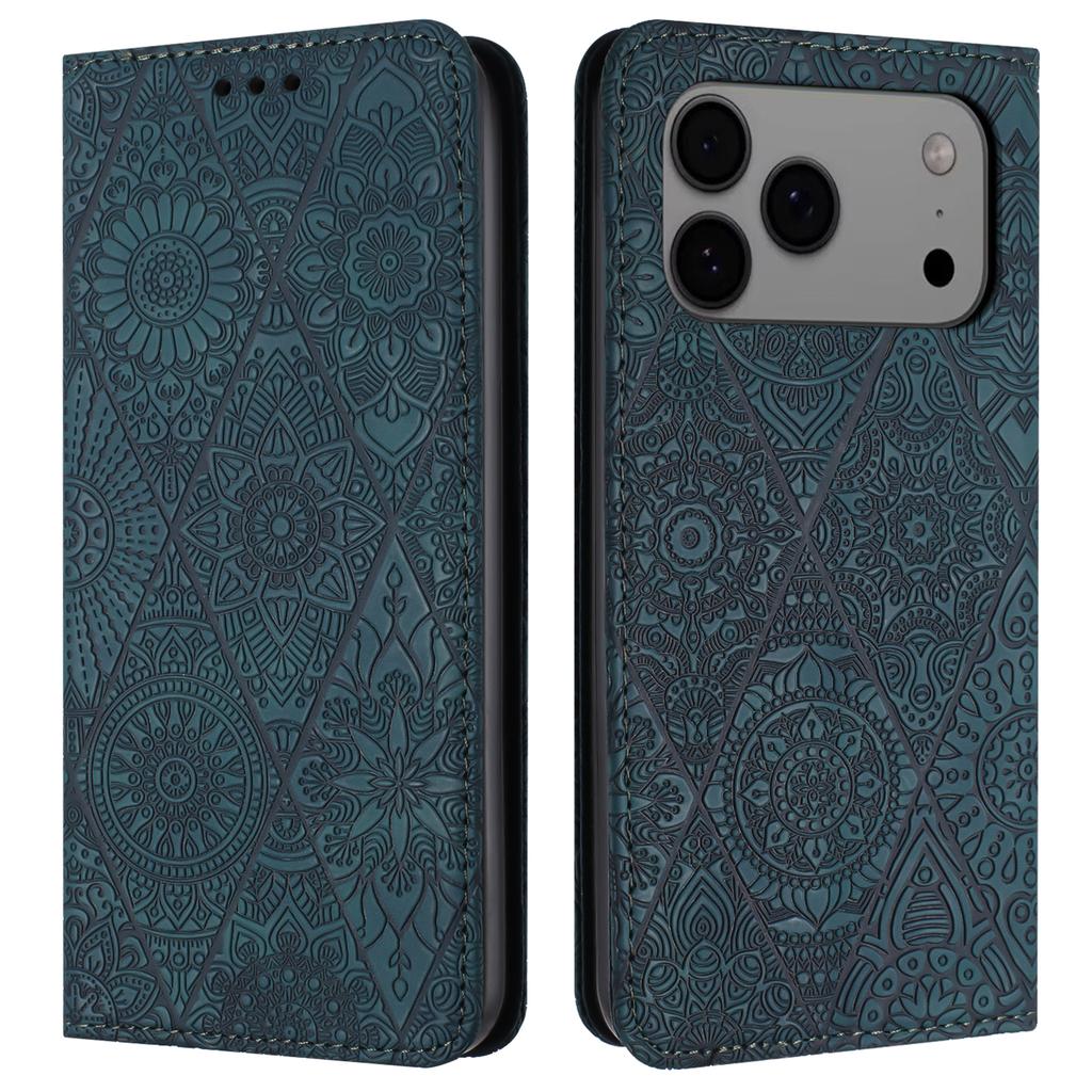 For iPhone 17 Pro Max Case Imprinted Flower Wallet Stand Leather Phone Cover