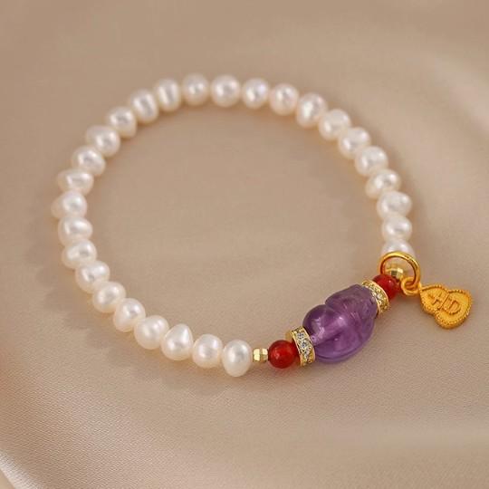 Natural pearl bracelet, national style gourd pendant bracelet, Pixiu amethyst beaded jewelry.