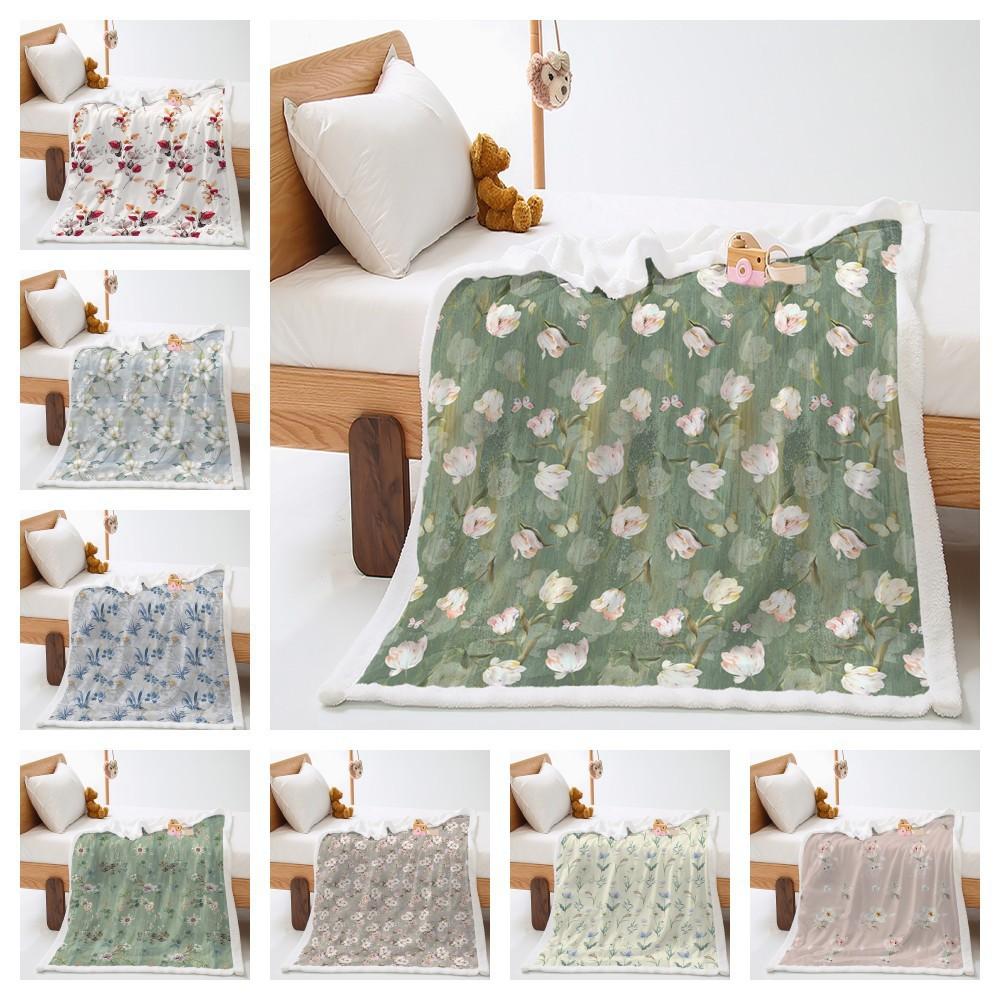 2D Digital Printed Cover Blanket Elegant Vintage Floral Thickened Lamb Fleece Crystal Plush Blanket