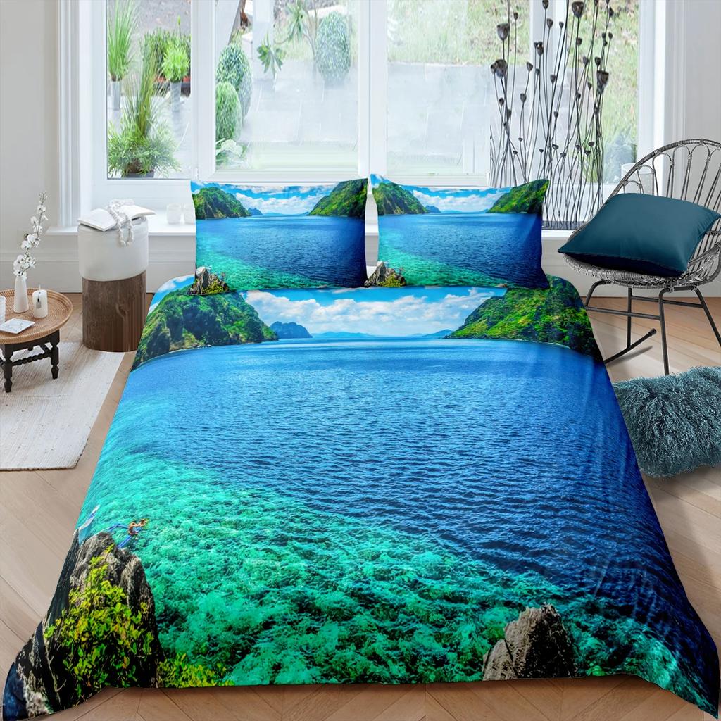 Naturlandskap King Queen Påslakan Lägereld Camping Sängkläder Set Tonåringar Vuxna Natthimmel Skogsscen Polyester Täcke