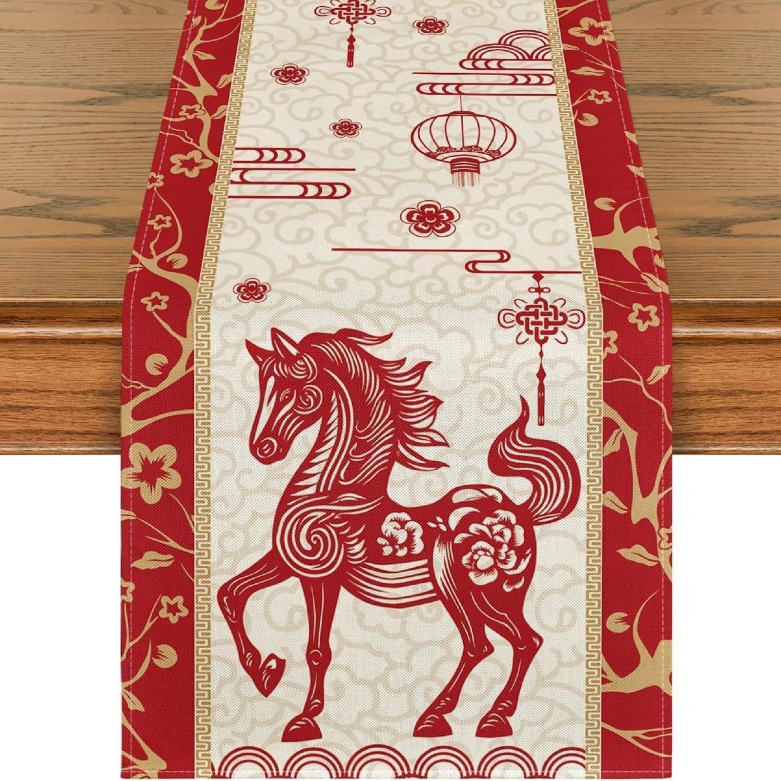 

13*72in Print Red Table Flag Bedroom Headboard,Tablecloth Horse Pattern Table Flag, Spring Festival, Winter, Kitchen, Restaurant One Size