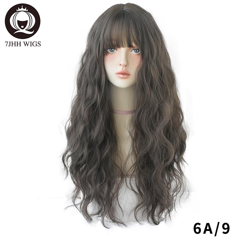 7jhh Wigs Blue Deep Wave Wig With Bangs For Women Long Omber Brown Hair Layered Heat Resistant Cosplay Party Synthetic Wig