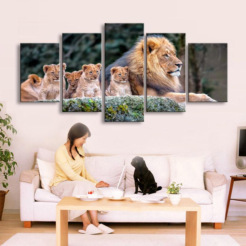 Wall Art Modular Poster Pictures Painting 5 Pcs Cute Little Lion HD Printed Modern Canvas Living Room Home Decoration No Frame