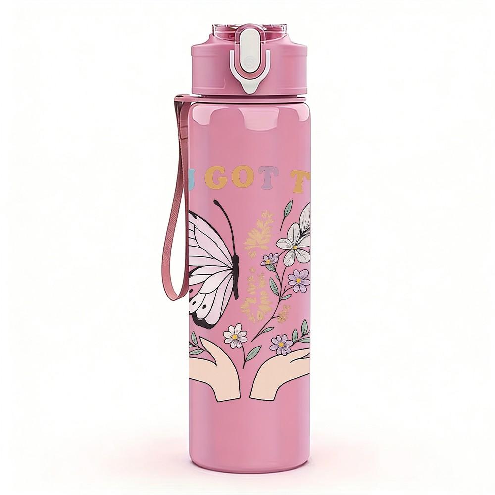 1PC You Got This Floral Butterfly Art 750ml Color Plastic Sports Water Bottle Leakproof Flip Straw Lid Suitable for Sports Office Home Use