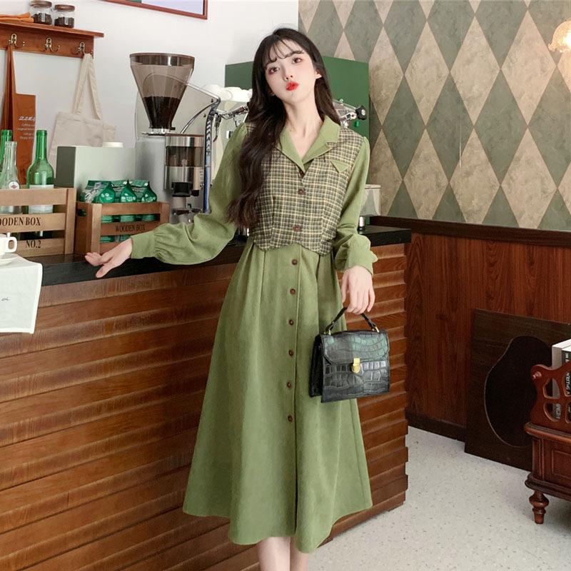 Autumn Retro Plaid Suit Lapel Fake Two-piece Long-sleeved Dress Femininity Hong Kong Style High Waist A Word Medium and Long Dress