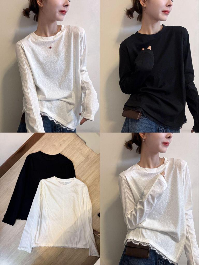 Korean Style Women's Black Round Neck Long Sleeve T-shirt - Simple Casual Base Layer for Spring/Autumn 2025