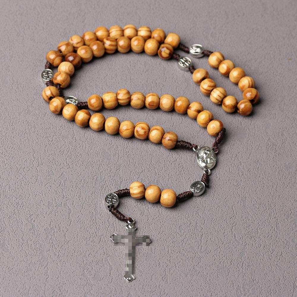 Natural Pine Wood Bead Rosary with Holy Land Pendant & Cross