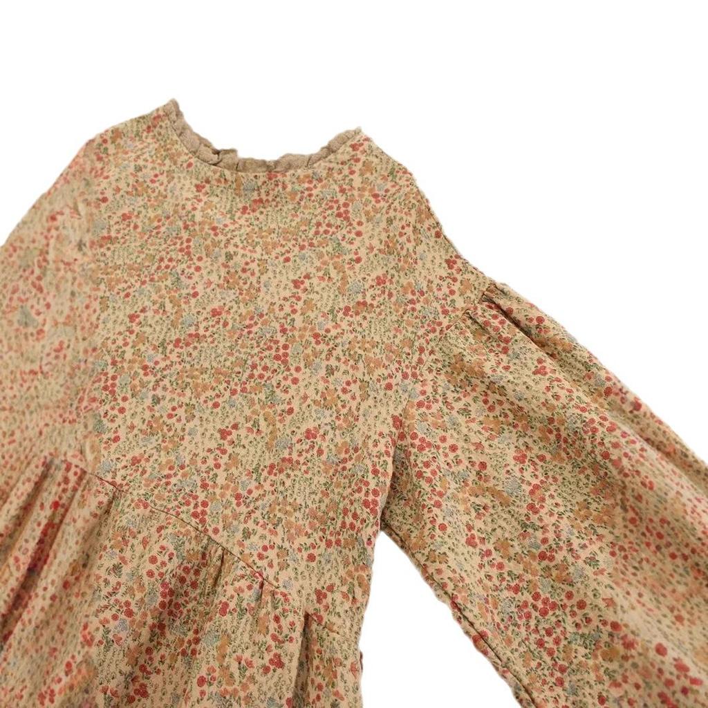 Sweet floral long-sleeved dress women's loose versatile fungus lace collar printed medium and long skirt