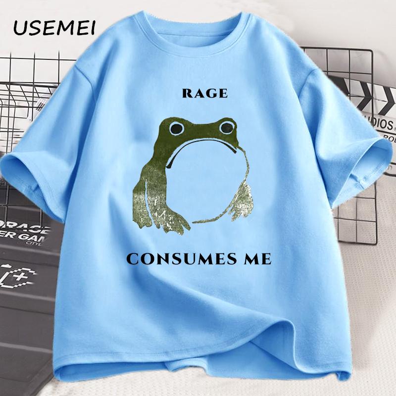Unisexs T Shirts Funny Rage Consumes Me Frog Graphic T Shirts Vintage Cotton Short Sleeve Printed Tshirt Unisexs Clothes Streetwear
