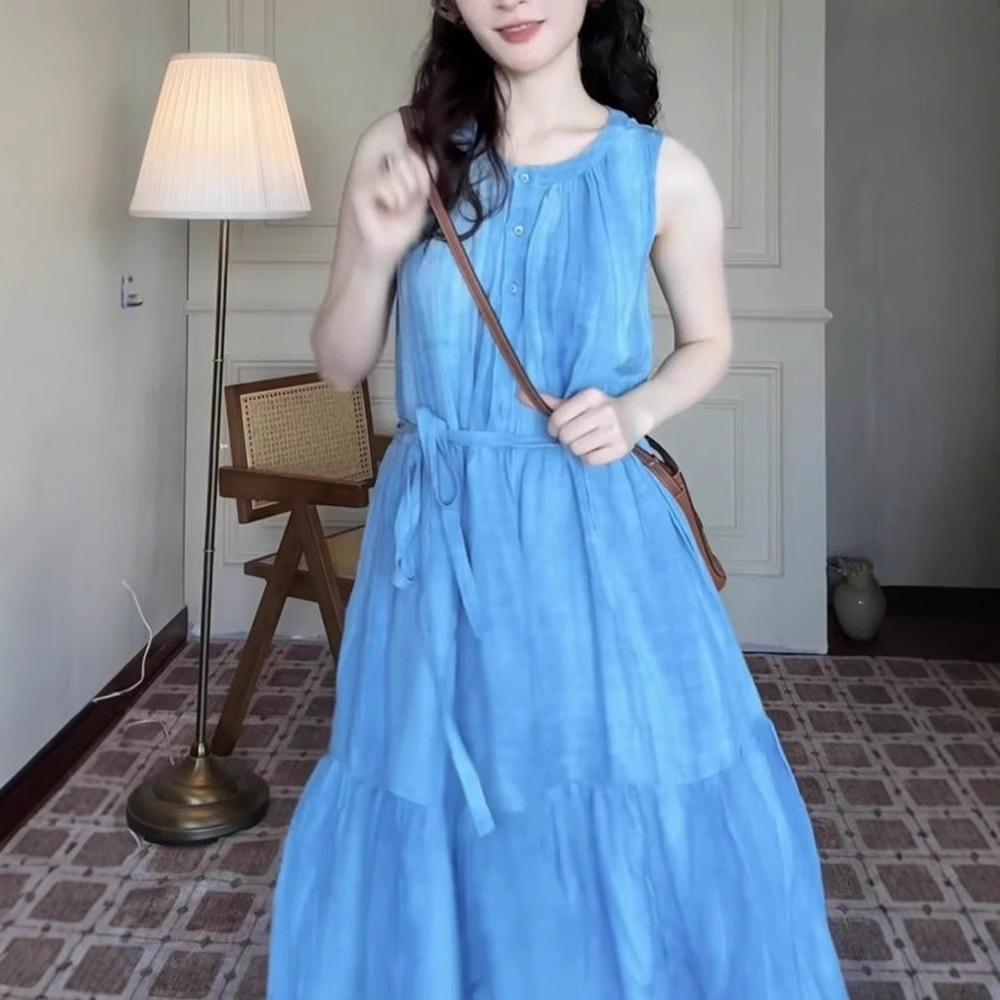 Niche design blue sleeveless vest dress children's summer new French holiday dress