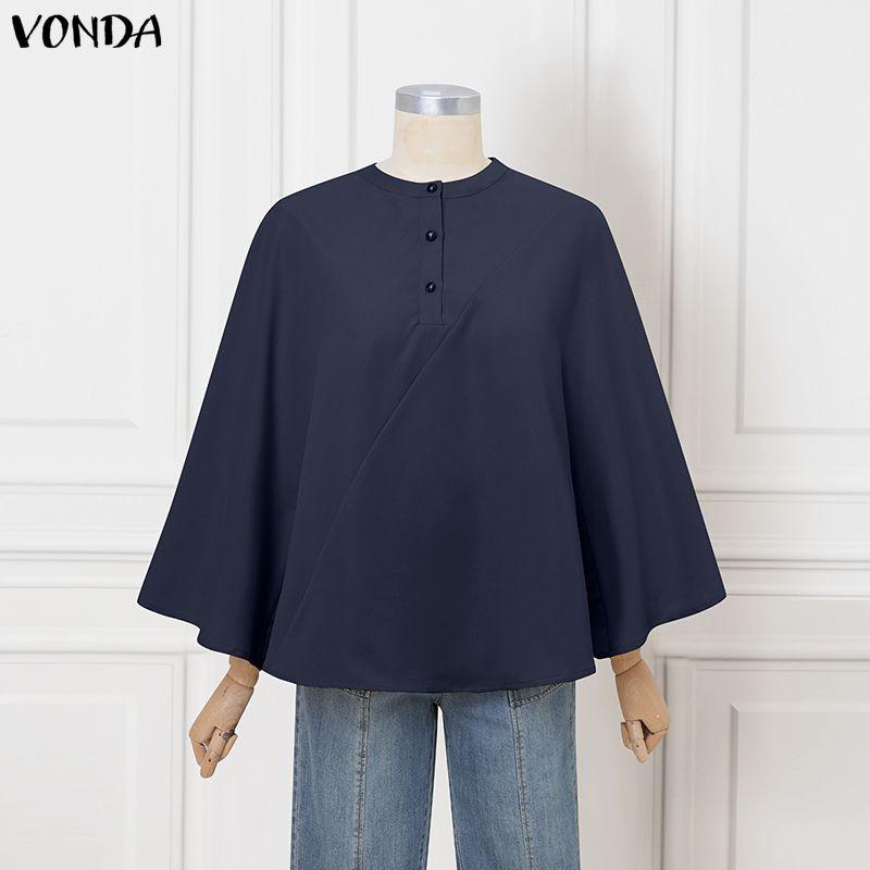 VONDA Women Round Neck Batwing Sleeve Casual Loose Oversized Blouse Tops