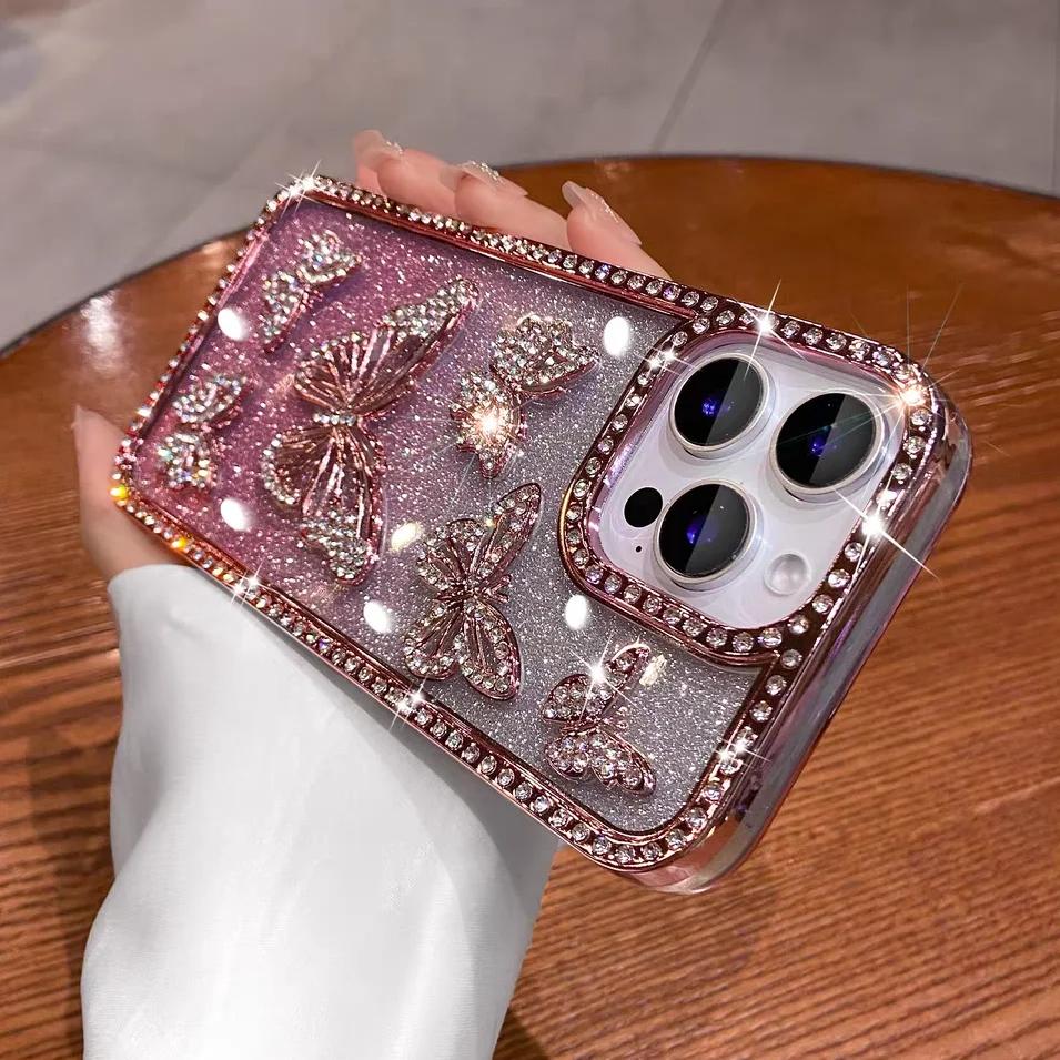 

Блестящий 3D Чехол-бабочка для iPhone 17 16 15 14 13 12 11 Pro Max с бриллиантами, блестками, стразами, розовый, милый чехол для девочек For iphone 17Air