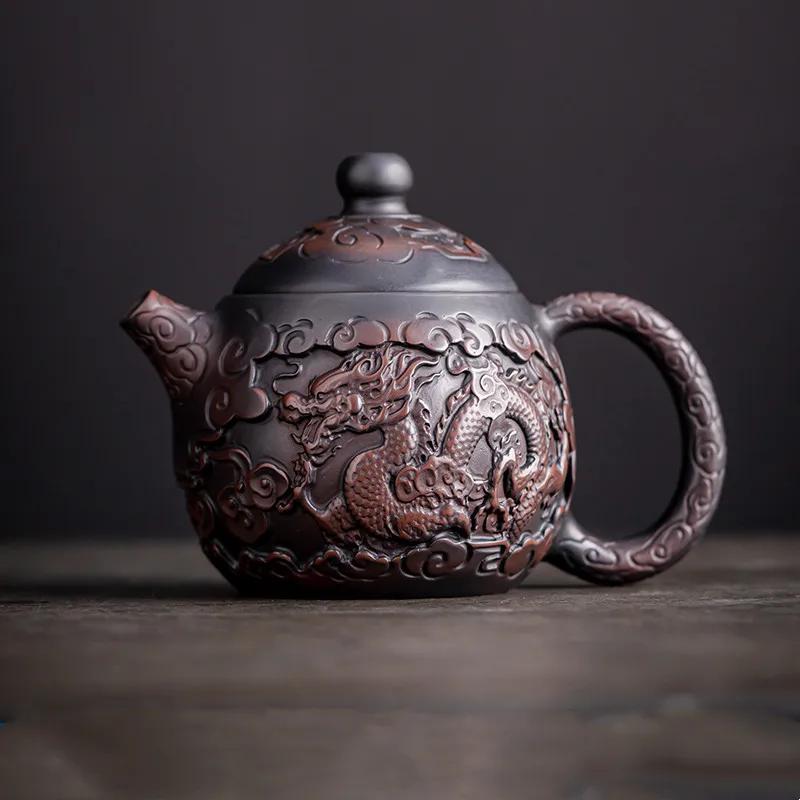 Retro Carving Purple Pottery Teapot Ceramic Household Kettle Pot Kung Fu Tea Set  Pure Handmade Teapot Teapot for Tea Puer Tea