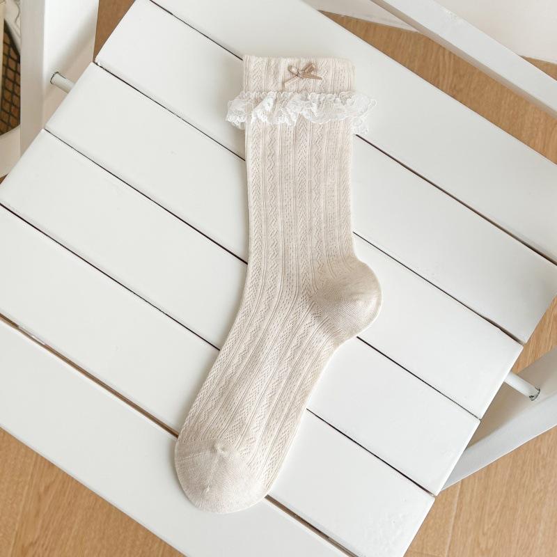 Princess Lace Socks - Boneless, Versatile Mid-calf Socks, Thin Style with Bow Ties, Mesh Openwork, Hollowed-out Design