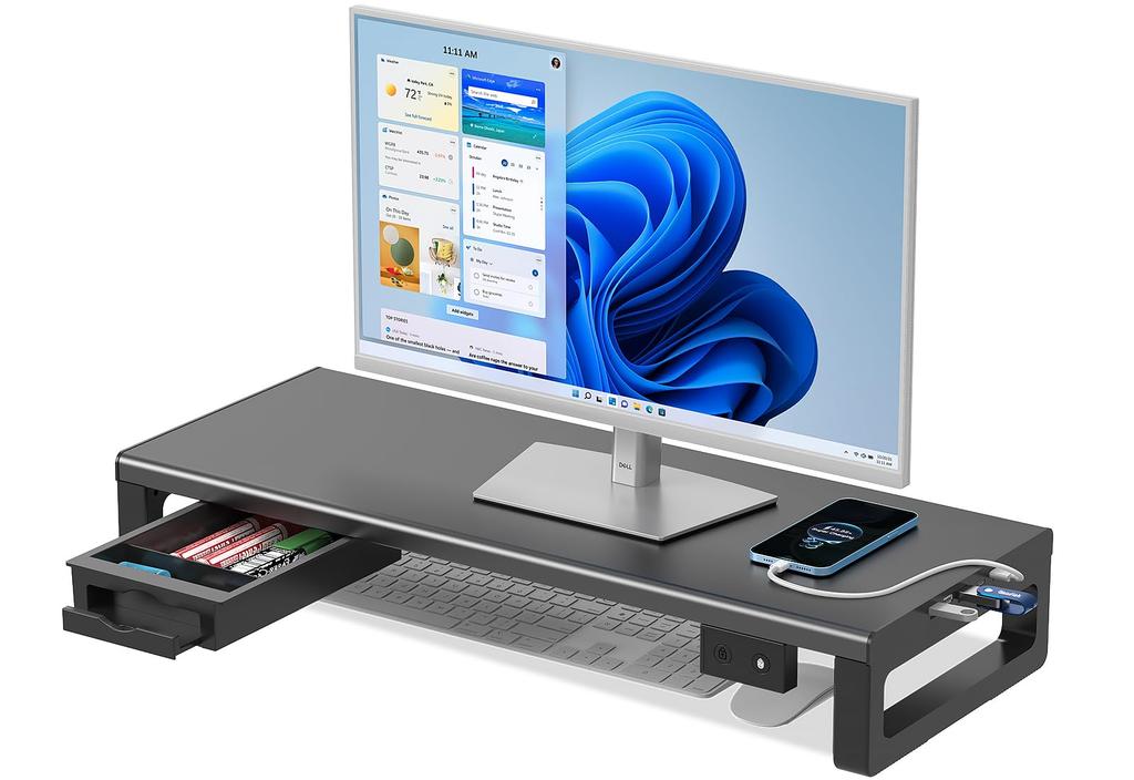 EAYHM Monitor Stand with Windows Hello Fingerprint Desktop Computer Stand with USB Hub Display Stand with Drawer and Smartphone Weight Capacity 25kg