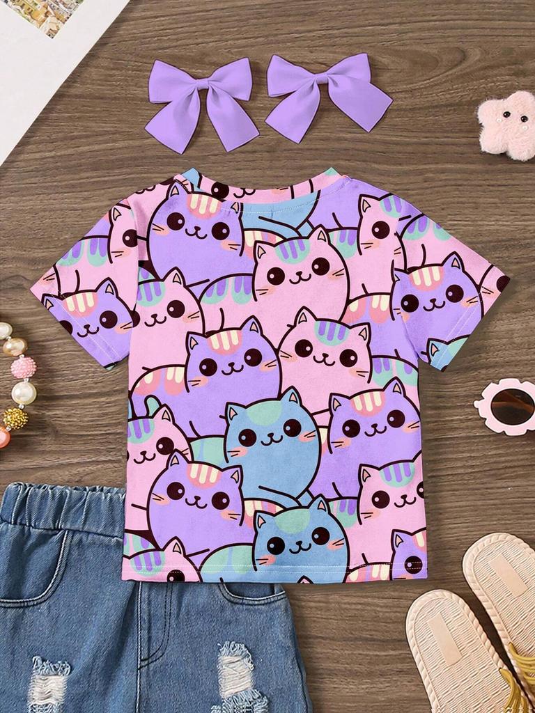 Abbigliamento Bambina Estate T-shirt con Stampa 3D Grafica Gatto Kawaii Vestiti per Bambine Esterni Manica Corta Casual Top per Bambine