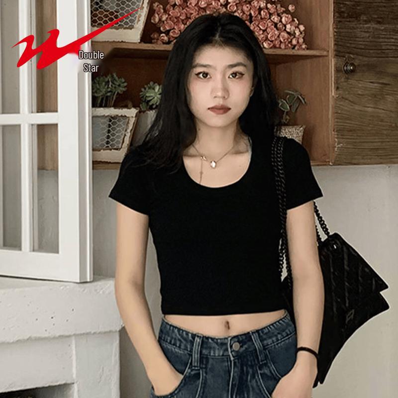 Shuangxing Women's Summer U-Neck Crop Top T-Shirt