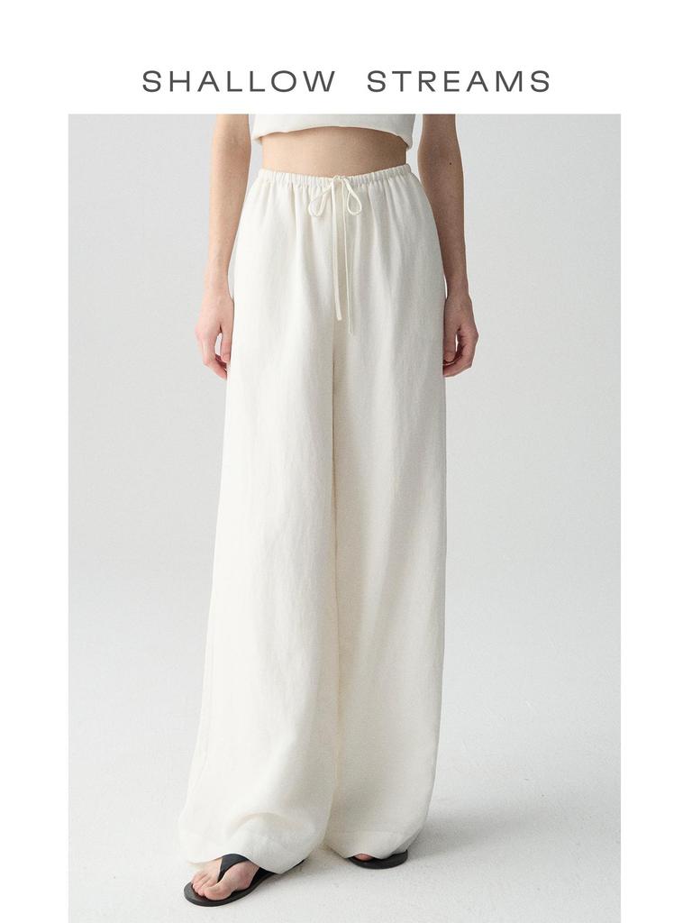 Sea of Dimples High-Waisted Linen Trousers: Breathable White Wide-Leg, Floor-Length, Early Autumn Casual Pants.