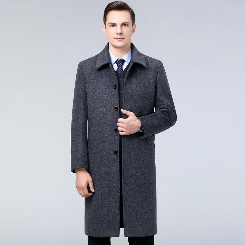 Men's Winter Cashmere Coat, Velvet-Lined, Knee-Length, Warm Woolen Trench for Middle-Aged and Elderly, Dad-Style Outerwear.