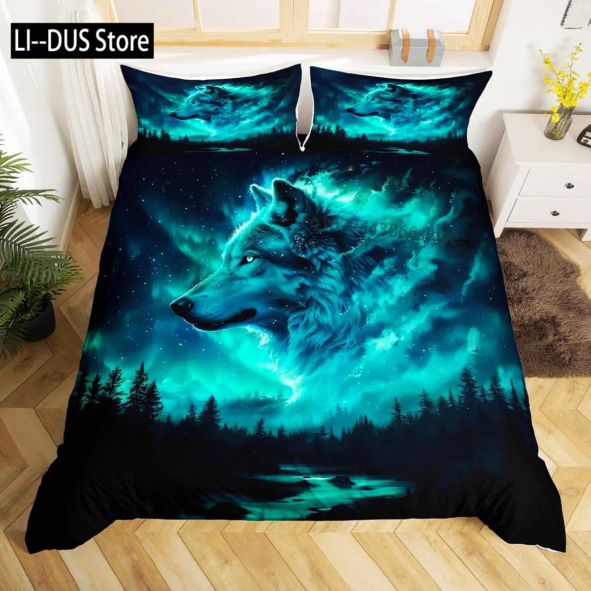 

Wolf Duvet Cover Twin King Size, Roaring Wolves Wildlife Bedding Set Aurora Animals Galaxy Print Comforter Cover For Kids Boys 135x200cm